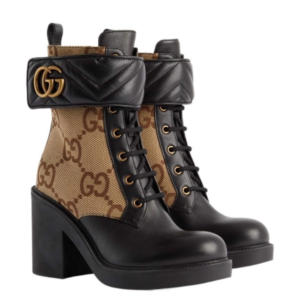 Gucci Marmont Monogram Ankle Boots. Block Heel.Gold Toned GG on leather strap.